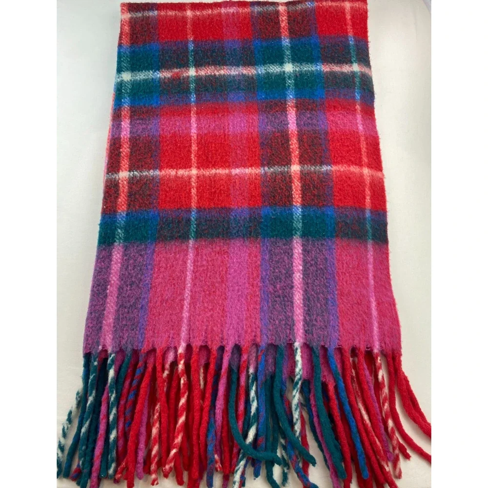 ANTHROPOLOGIE Blanket Tartan Wool Plaid Throw Fringed Red 50